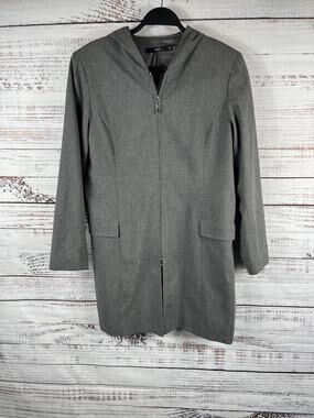 View Coat Women's SZ 8 Gray Hooded Full Zip Lined Mid Length Twill Jacket Career